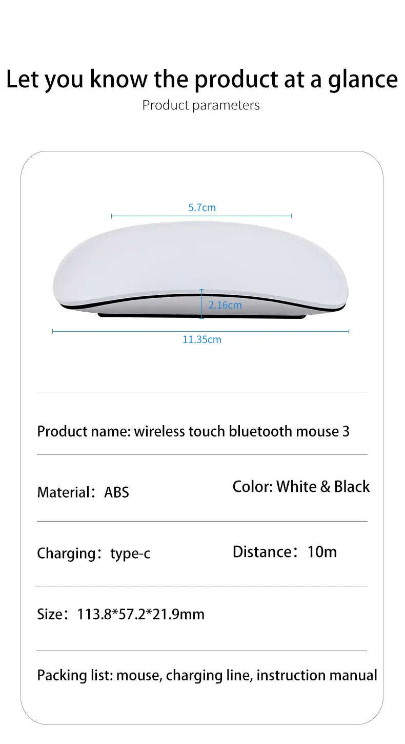 Rechargeable Bluetooth Mouse Magic 3 for MacBook Air/Pro & Win, Ergonomic Multi-Touch BT5.0 Wireless Slim Rechargeable Mouse