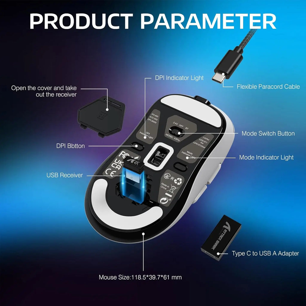 Attack Shark X3Pro Wireless Bluetooth Gaming Mouse PixArt PAW3395 26000dpi Optical Mouse Tri-Mode Connection Macro Gaming Mouse