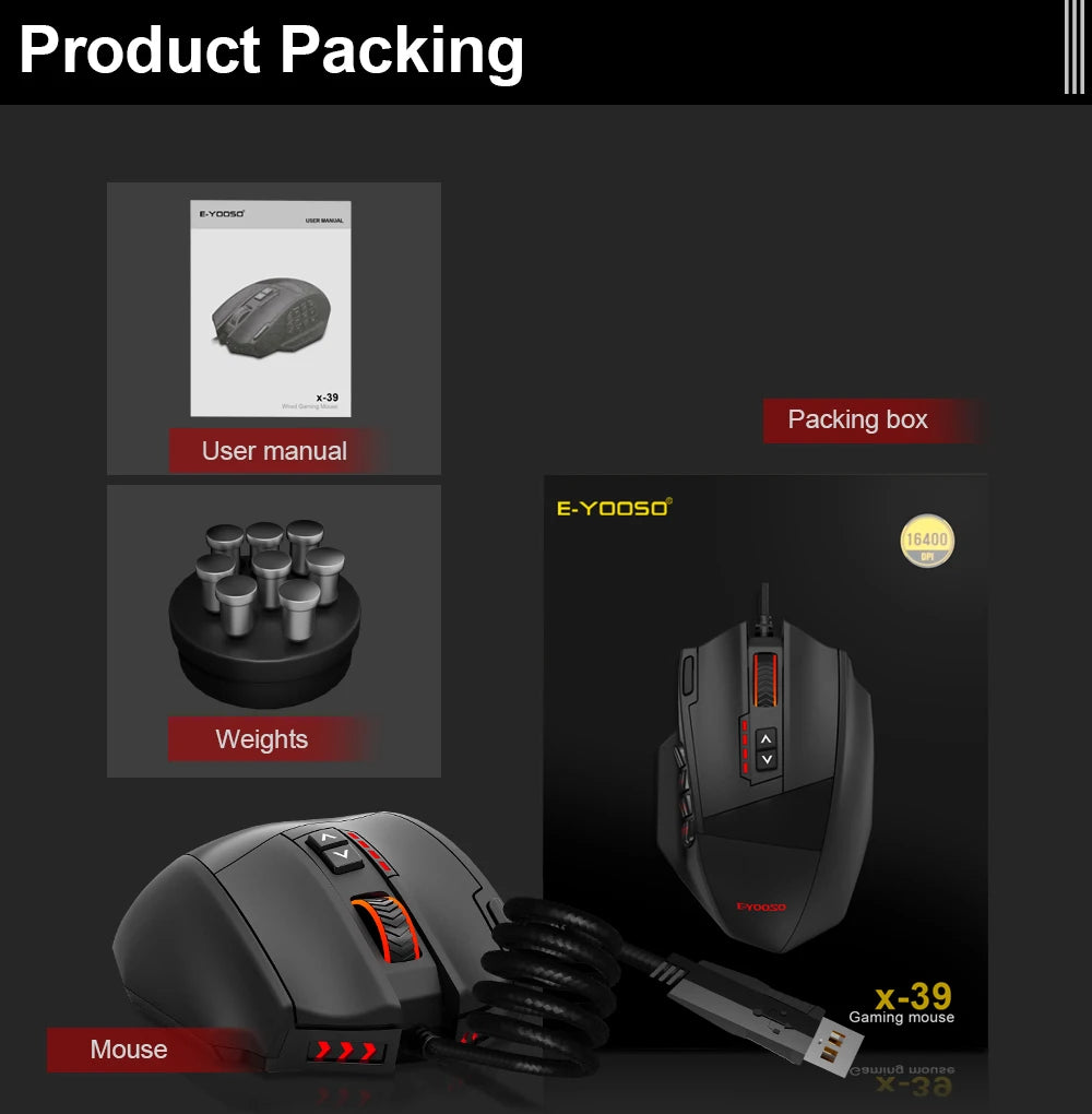 E-YOOSO X-39 USB Wired RGB Gaming Mouse 16400 DPI PAW3327 19 Buttons Programmable Game Optical Mice for Computer PC Laptop