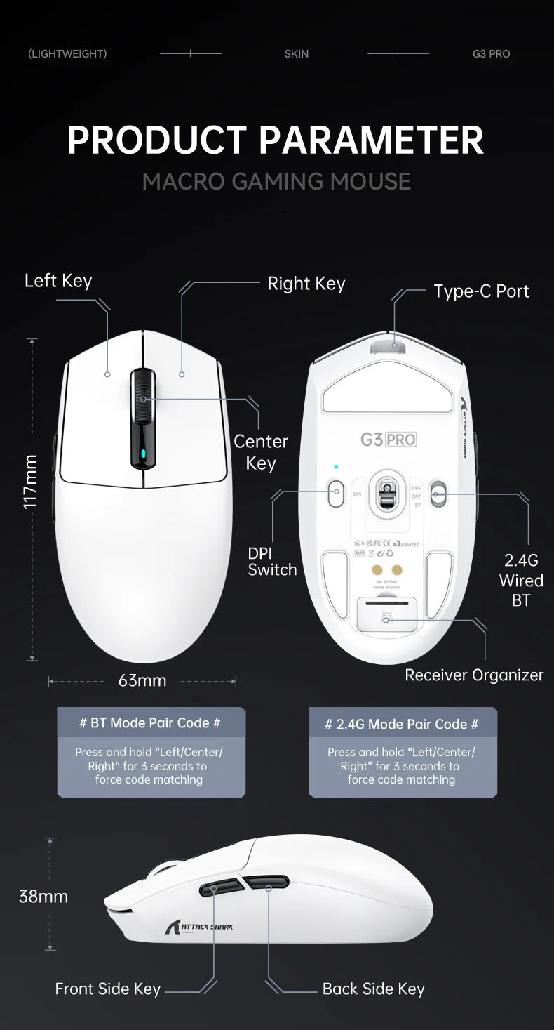 Hot Sales ATTACK SHARK G3PRO Gaming Wireless 3-Mode Bluetooth RGB PAW3311 25000dpi 2.4GHz 62g Mouse with Charger for PC/MAC/Wins
