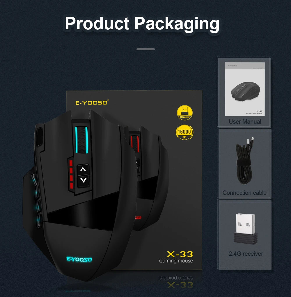 E-YOOSO X-33 RGB USB 2.4G Wireless Gaming Mouse 16000 DPI 16 buttons Programmable game Optical mice for Computer PC Laptop