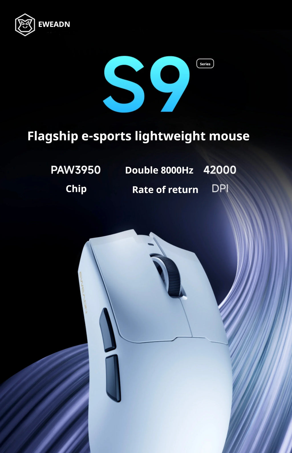 EWEADN S9 Pro Ultra Lightweight Wireless Gaming Mouse Tri-Mode Wireless Mouse 2.4G USB-CBT 8K Polling 26K DPI PAW3395 Mice