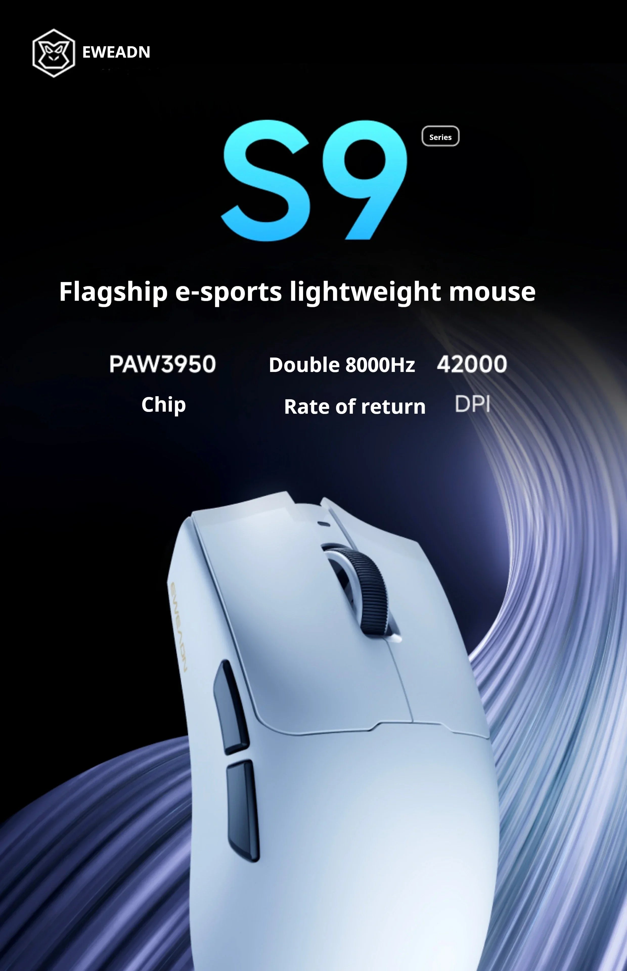 EWEADN S9 Pro Ultra Lightweight Wireless Gaming Mouse Tri-Mode Wireless Mouse 2.4G USB-CBT 8K Polling 26K DPI PAW3395 Mice