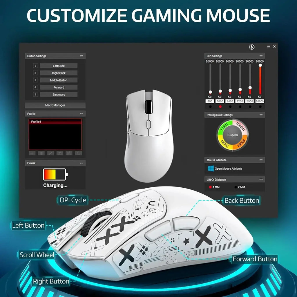 ATTACK SHARK R1 1000Hz Bluetooth Wireless Mouse 18000dpi PAW3311 Tri-mode Bluetooth 2.4G USB Connection Macro Gaming Mouse