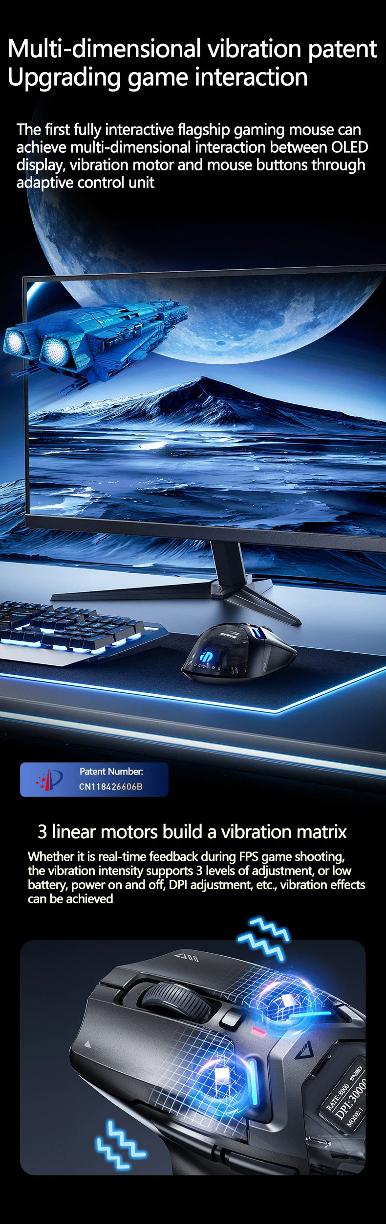 Inphic IN9 Ultra Gaming Mouse PAW3950 Sensor Vibration Feedback OLED Screen Intelligent Display Wireless Mouse Boyfriend's Gift