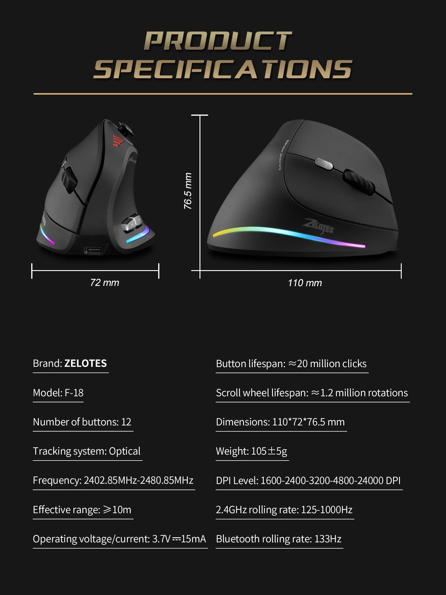 ZELOTES F18 Wireless Mouse Programming Ergonomic Mouse 2.4G Mute 24000 DPI Bluetooth Game Mouse for Laptop PC Computer Desktop