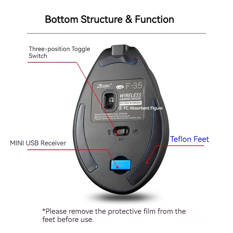 Zelotes F-35 Wireless Gaming Mouse Erect Position 2.4G Rechargeable Three Levels DPI Adjustable Office/Gaming Computer Mouse
