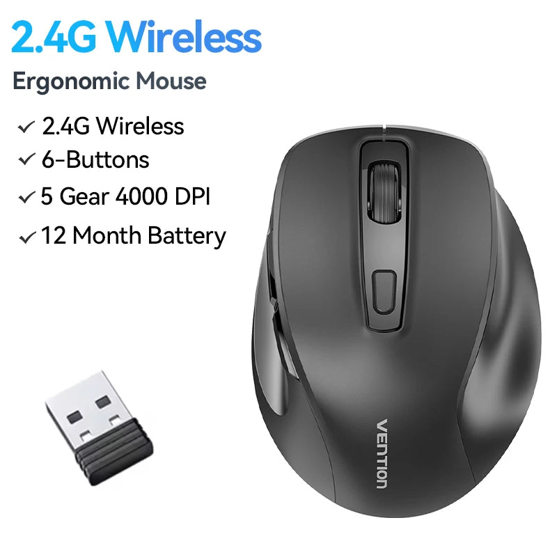 Vention Wireless Bluetooth 5.1 Mouse USB 2.4G Dual-Mode Ergonomic 4000 DPI 6 Buttons Mouse for MacBook Tablet Laptop PC Mice