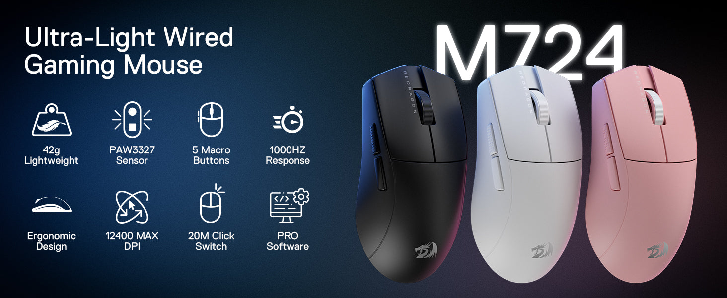 Redragon M724 Wired 42G Ultra-Light 12,400 Max DPI Optical 5 Programmable Buttons Gaming Mouse
